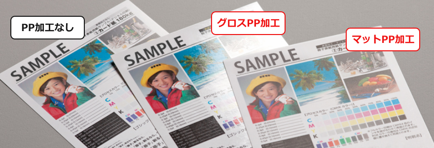 プリントモールでは、表面加工に「グロスPP加工」「マットPP加工」という2種類の仕様が選べます